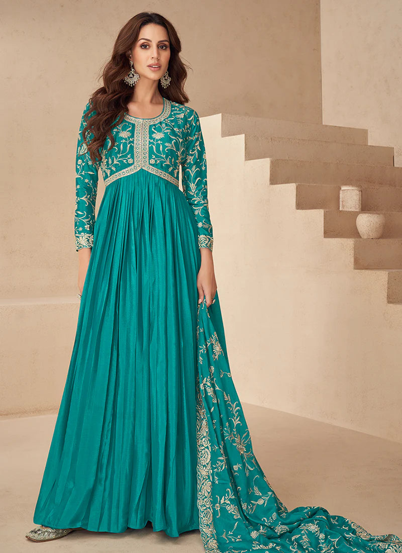 Teal Blue Traditional Embroidery Anarkali Gown Dress