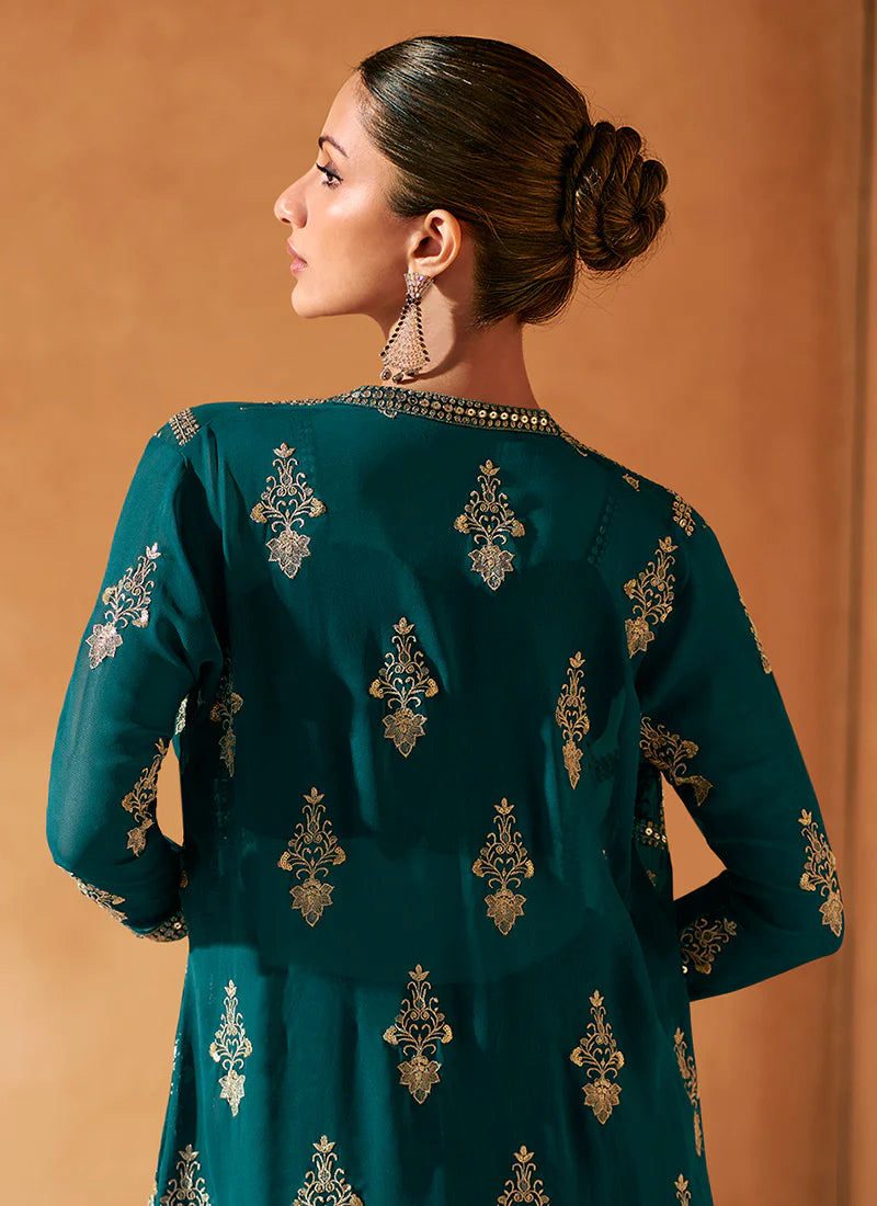 Teal Green Embroidered Jacket Style Palazzo Suit