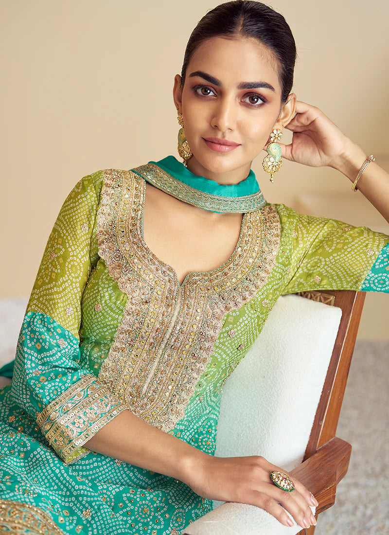 Teal Green Ombré Designer Kurti And Palazzo