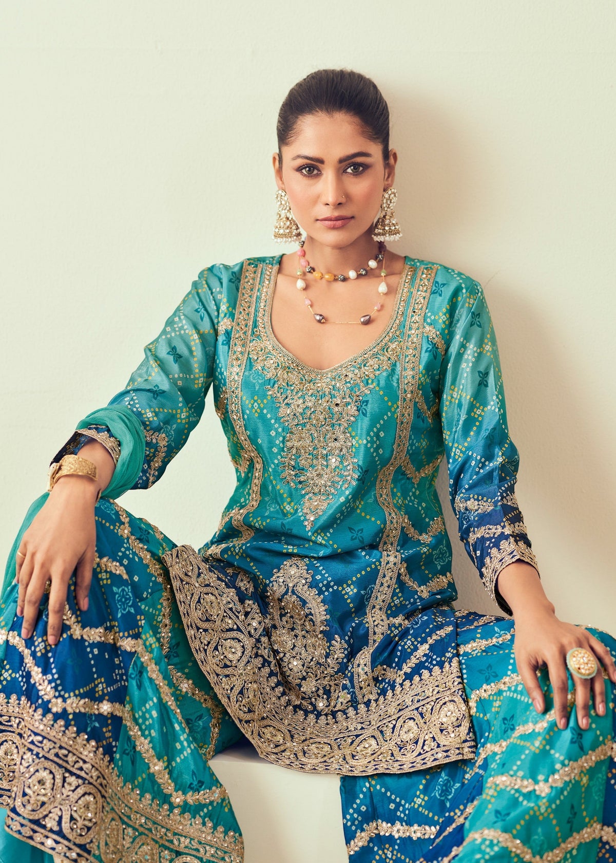 Teal And Blue Embroidered Sharara Suit