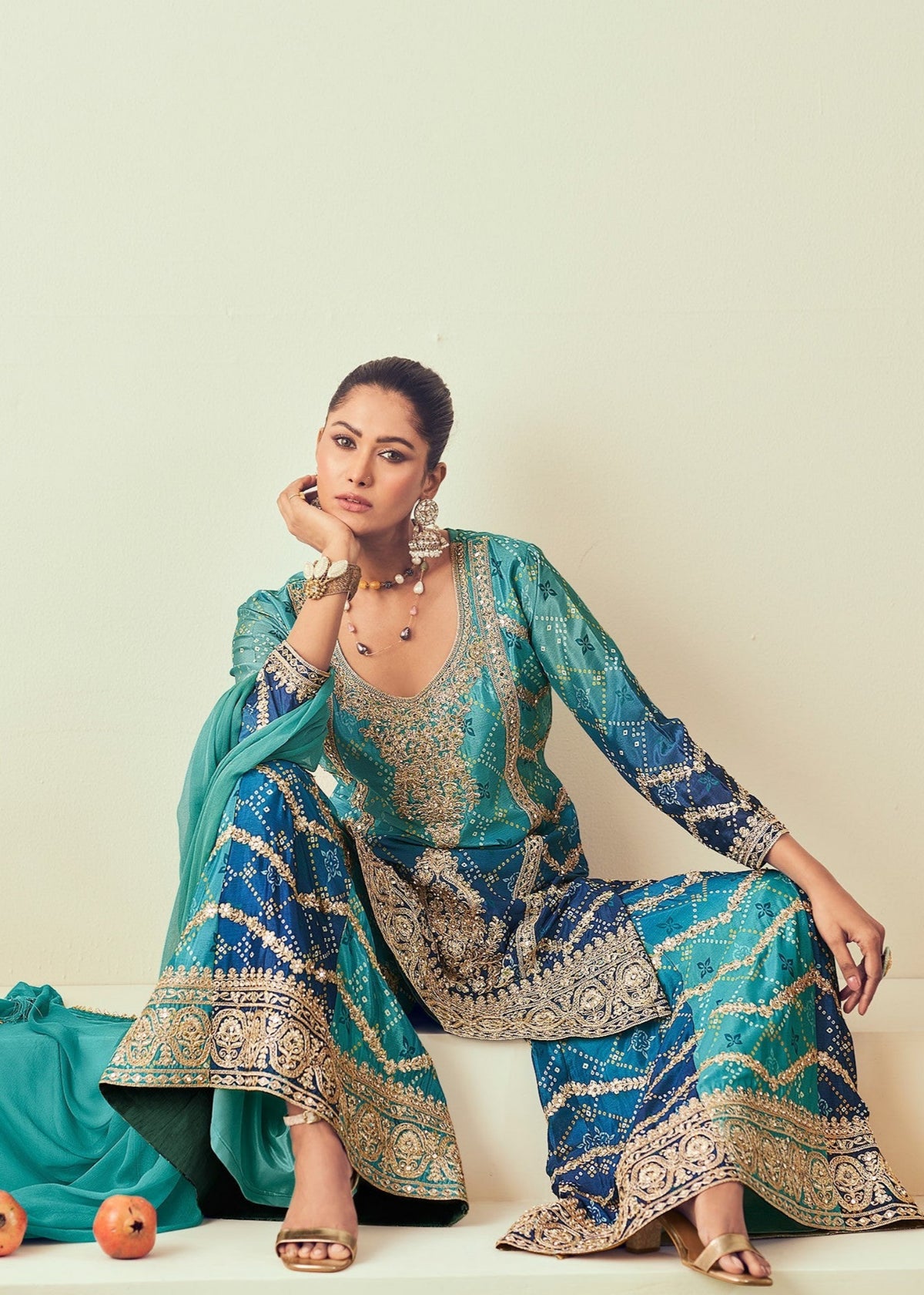 Teal And Blue Embroidered Sharara Suit