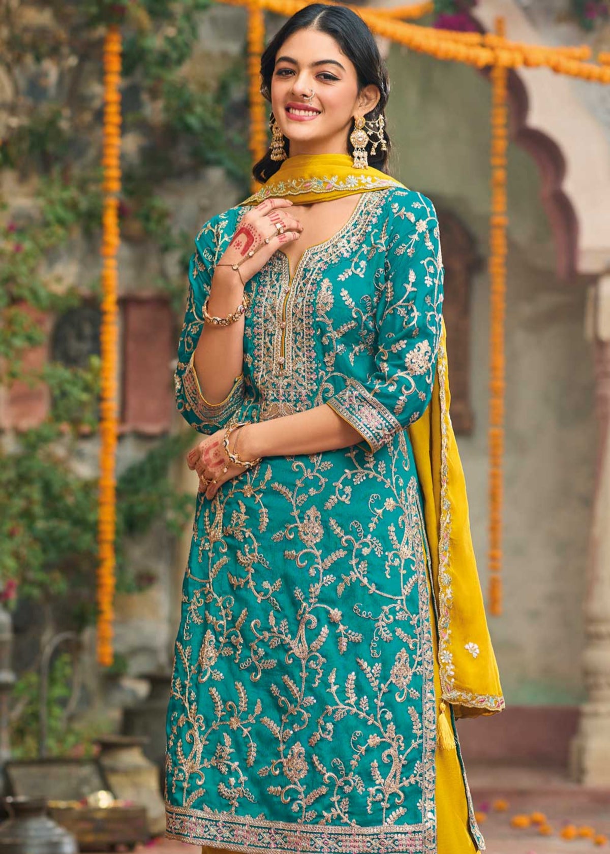 Teal And Mustard Embroidered Salwar Suit 