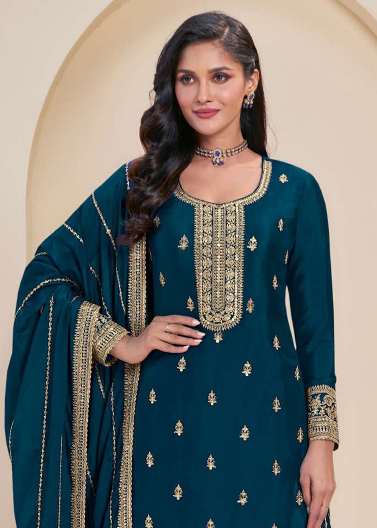 Teal Blue Embroidered Sharara Suit