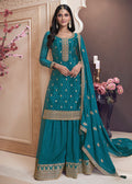 Buy Teal Blue Embroidered Sharara Suit