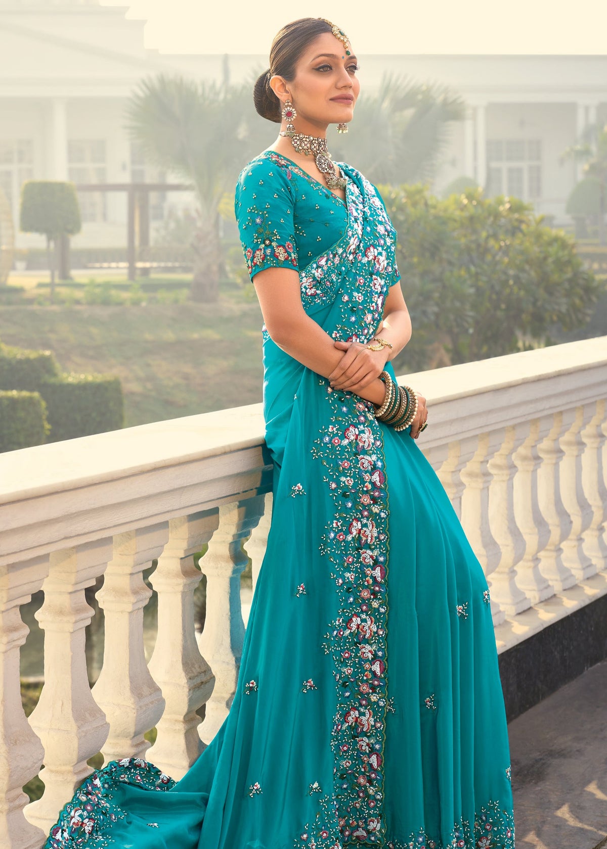 Buy Teal Blue Floral Embroidered Saree