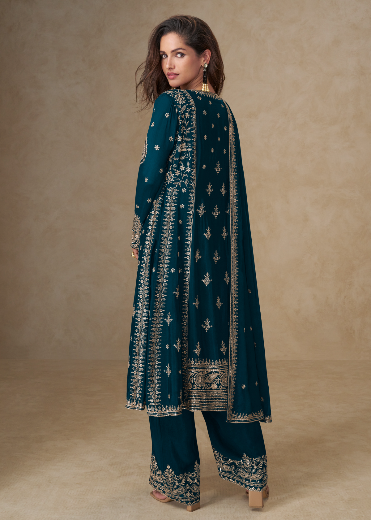 Teal Blue Zari Embroidered Chinon Silk SuitTeal_Blue_Zari_Embroidered_Georgette_Gharara_Suit-2025
