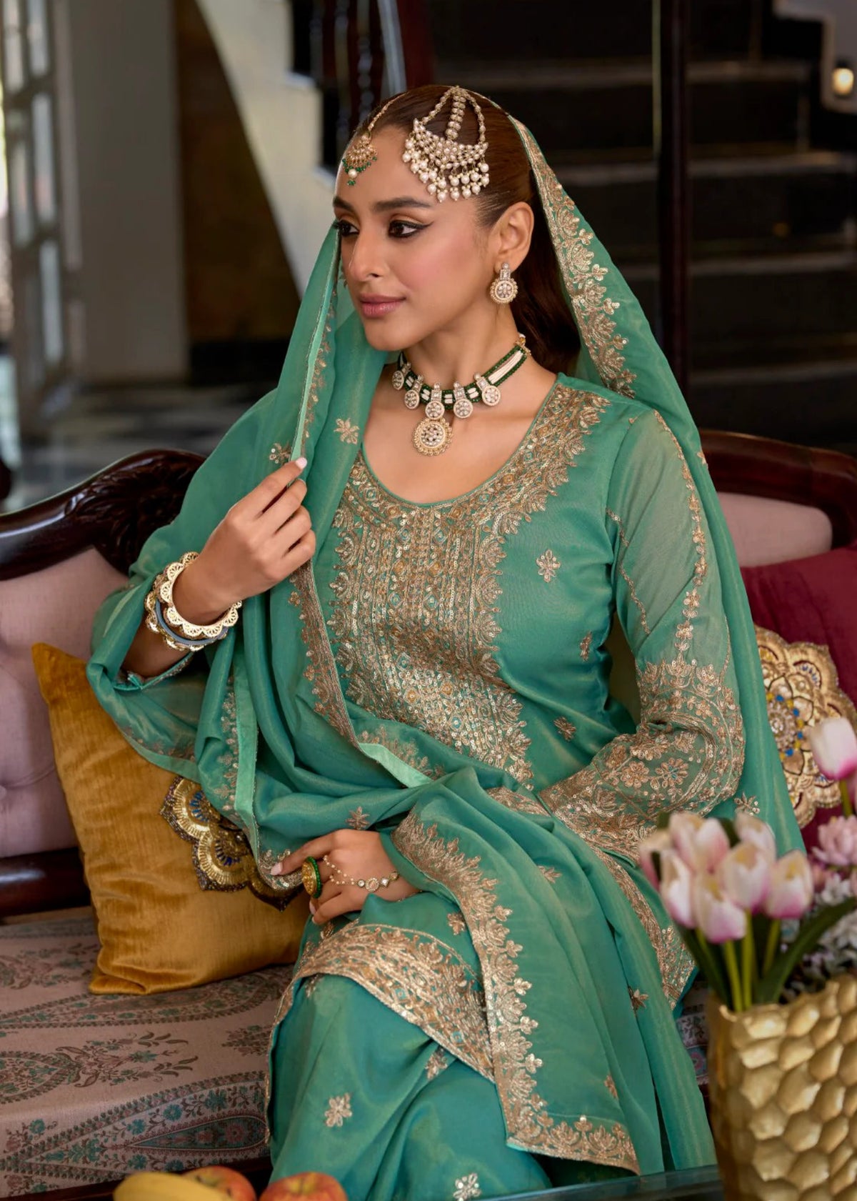 Buy Teal Green Embroidered Palazzo Suit