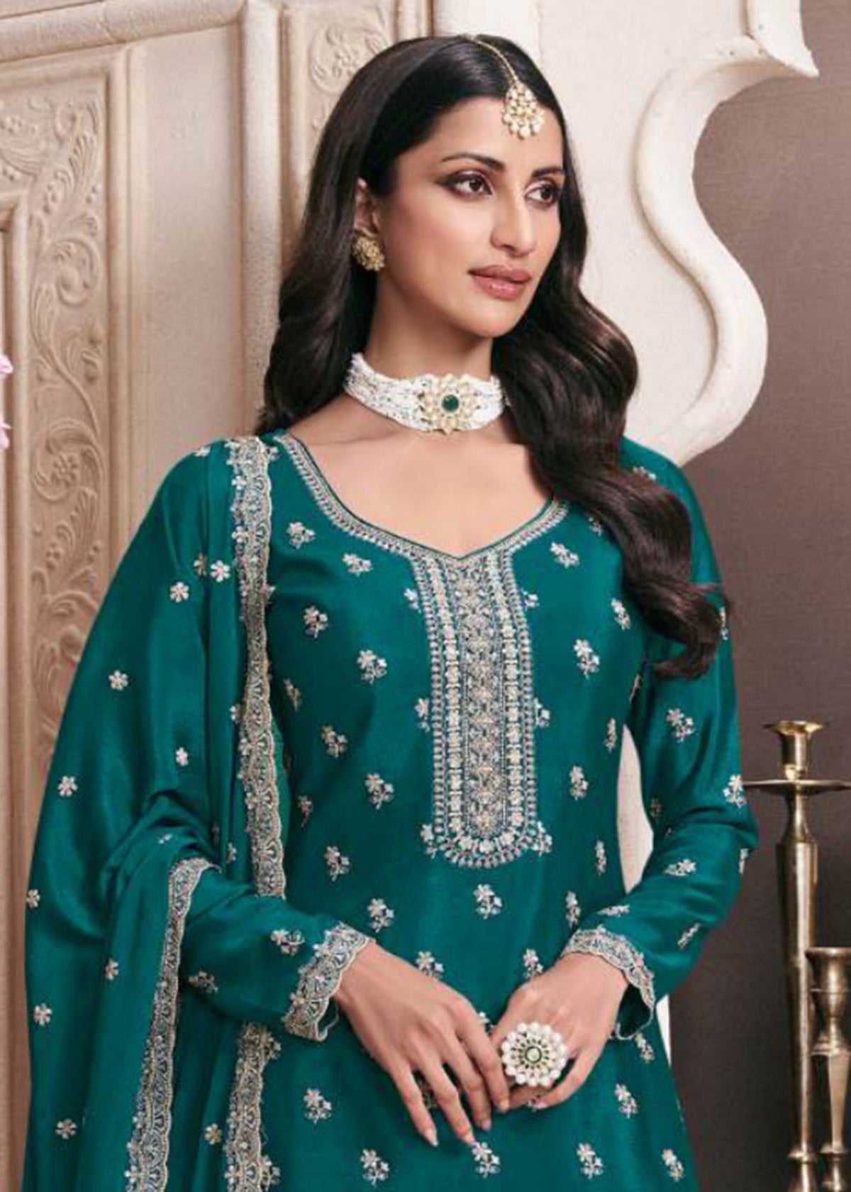 Teal Green Embroidered Sharara Suit