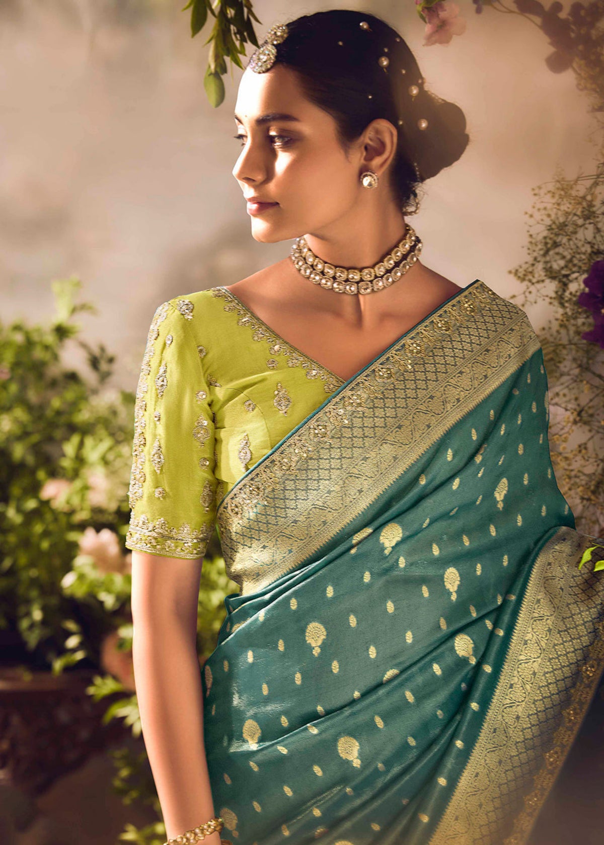 Buy Teal Green Embroidery Banarasi silk Saree