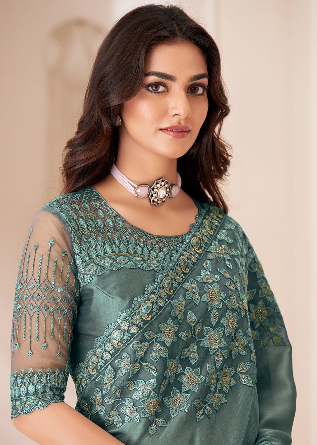 Teal Green Sequence Embroidery Wedding Saree