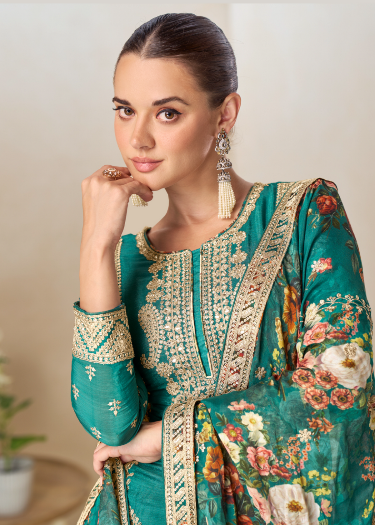Teal Green Zari Embroidered Floral Printed Gharara Suit-2025