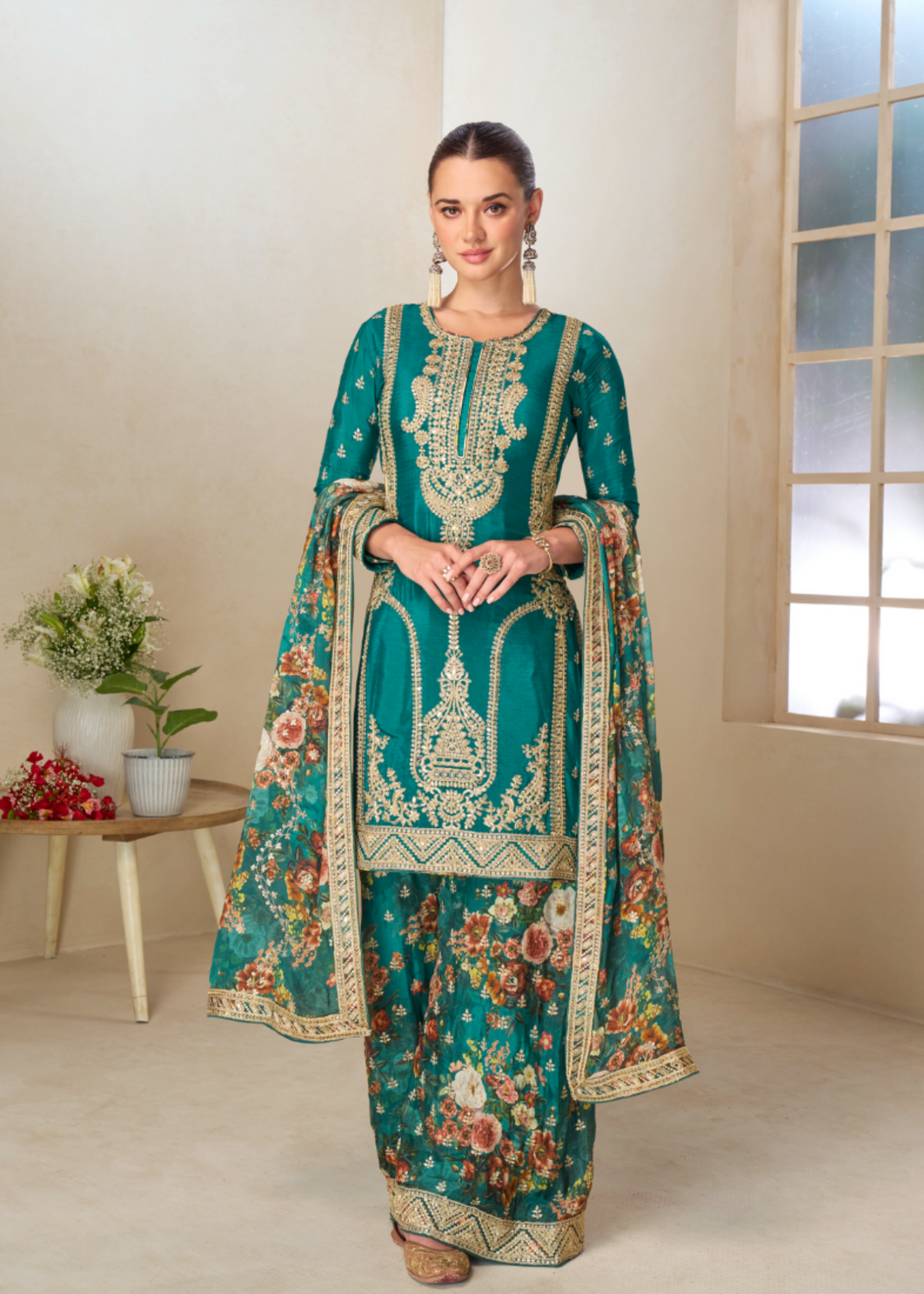 Teal Green Zari Embroidered Floral Printed Gharara Suit