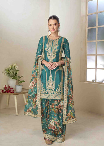 Teal Green Zari Embroidered Floral Printed Gharara Suit