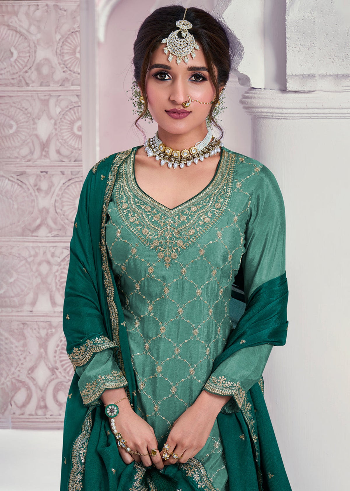 Teal Green chinnon silk Embroidered  Sharara Suit