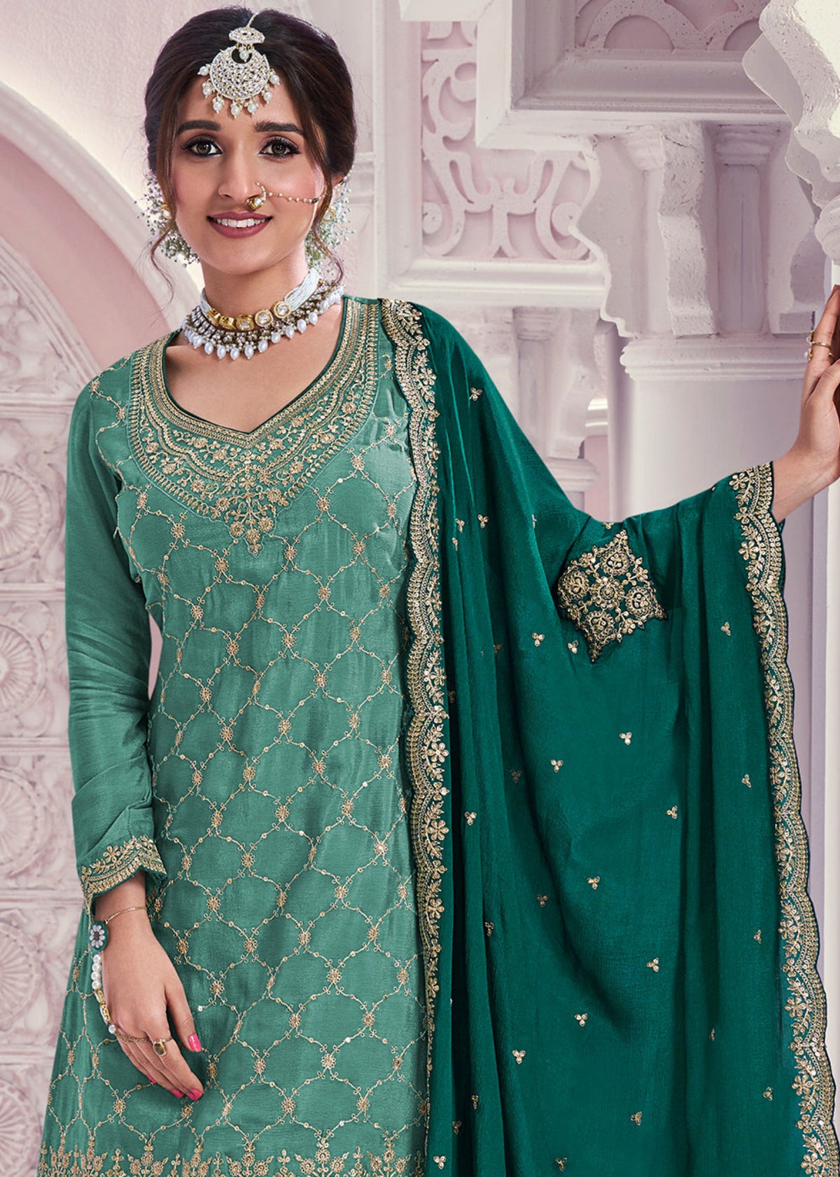 Teal Green chinnon silk Embroidered  Sharara Suit