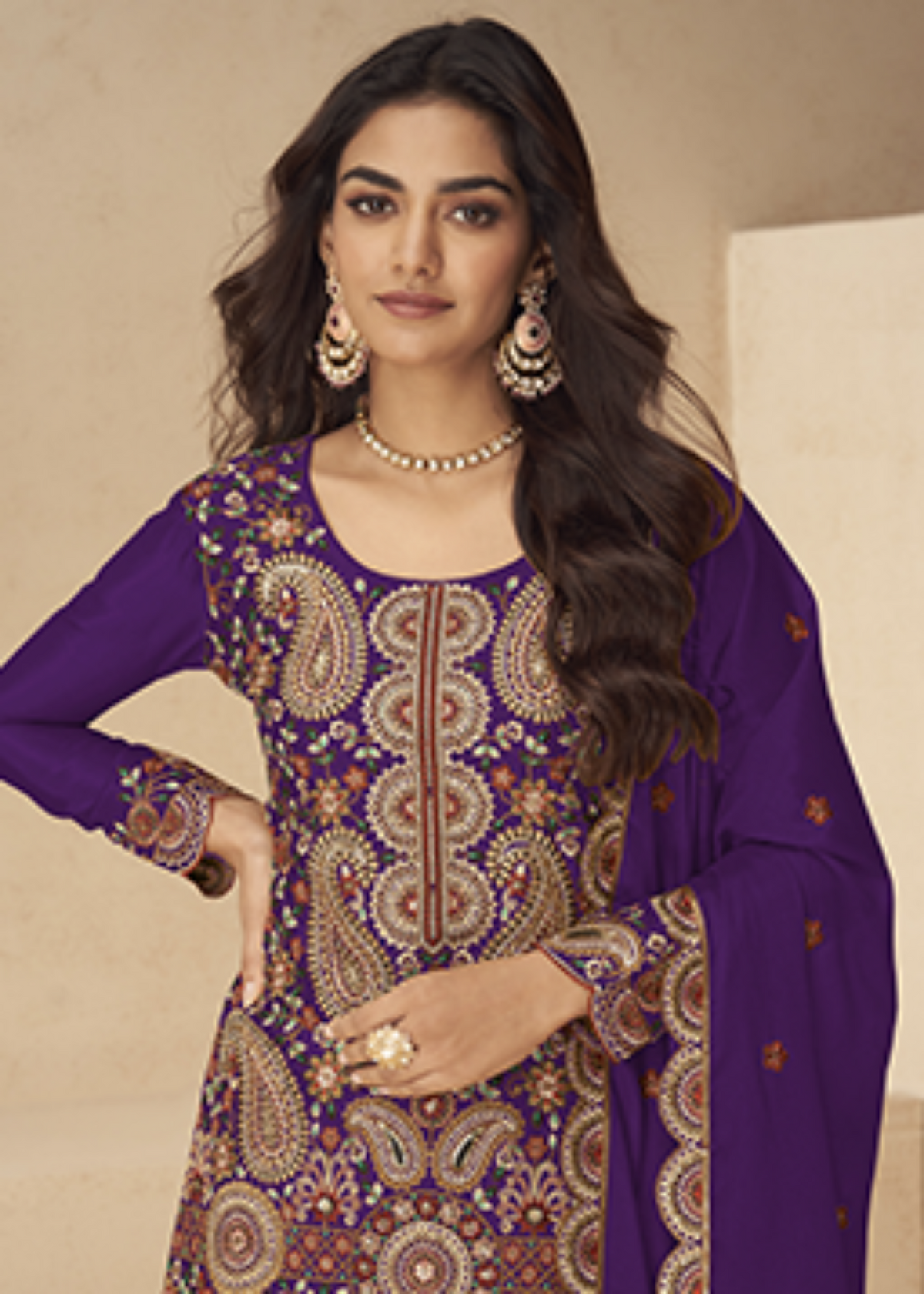 Teal Purple Chinon Embroidered Palazzo Suit-2025