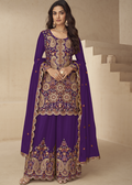 Teal Purple Chinon Embroidered Palazzo Suit