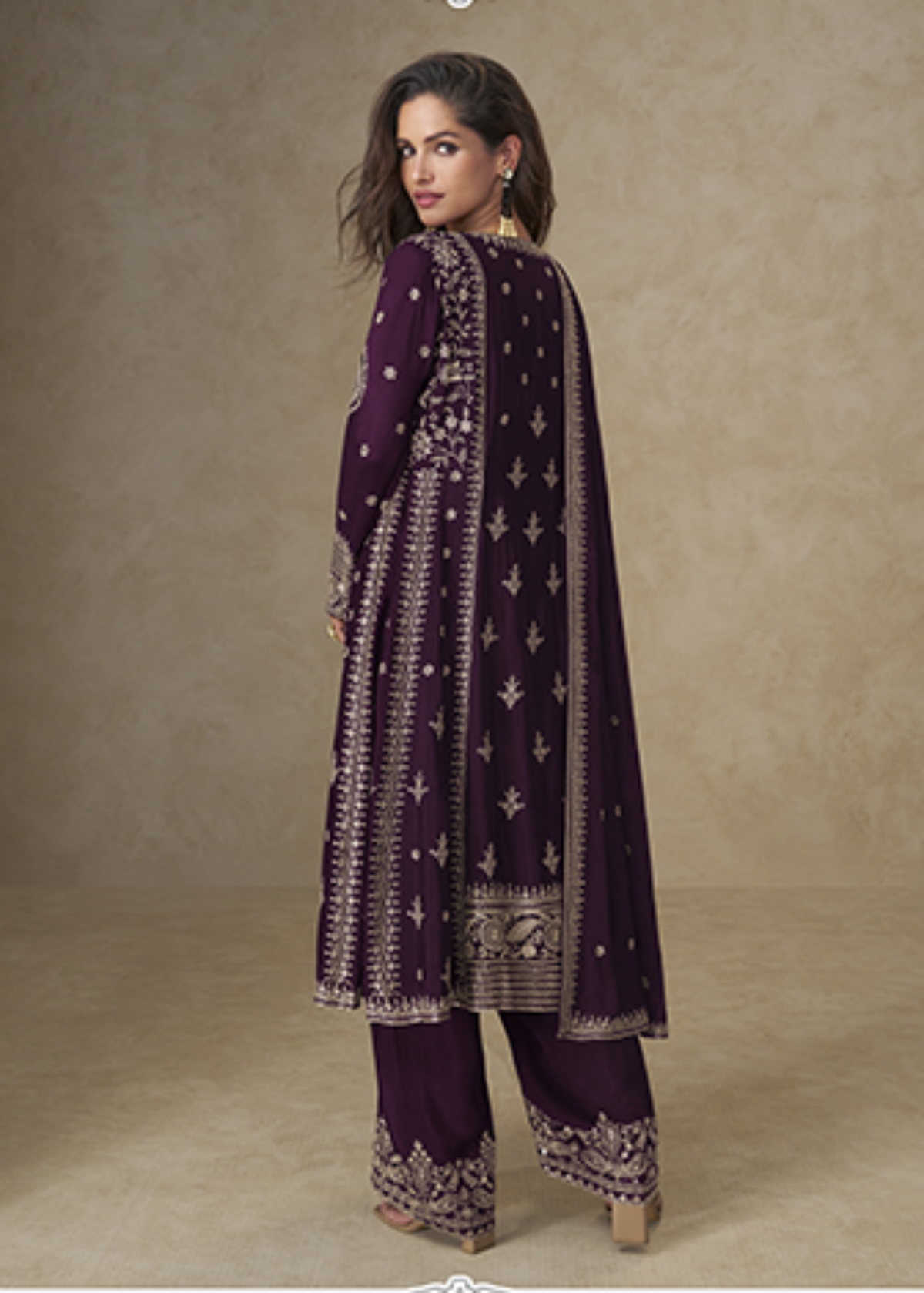 Teal Purple Zari Embroidered Chinon Silk Suit-2025