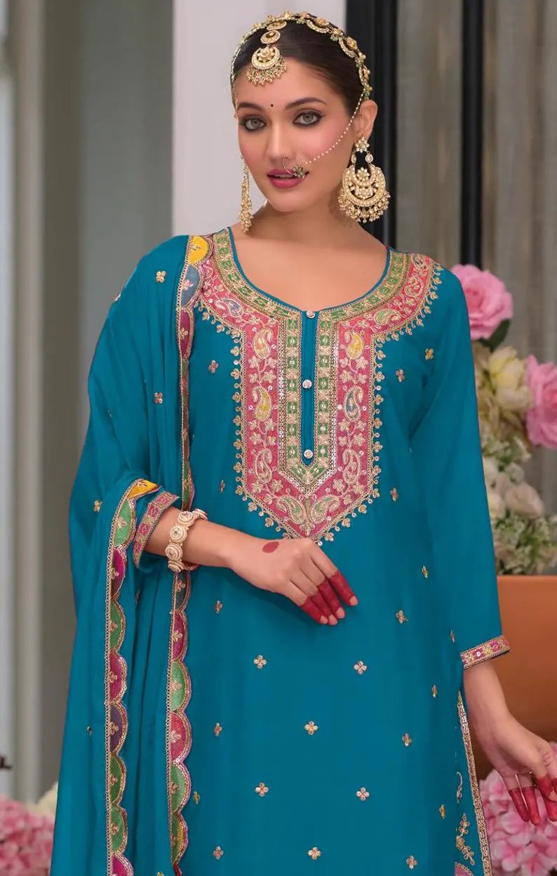 Teal blue Multi colored embroidery palazzo suit 