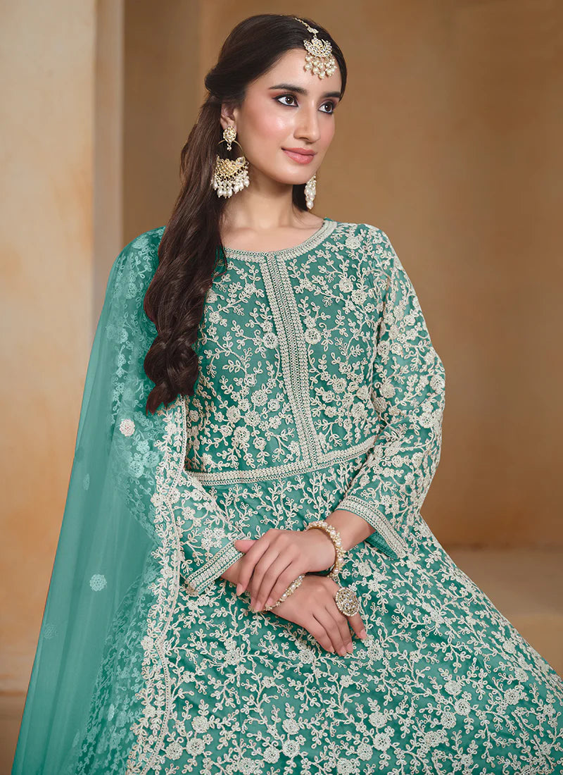 Turquoise Embroidery Festive Anarkali Suit