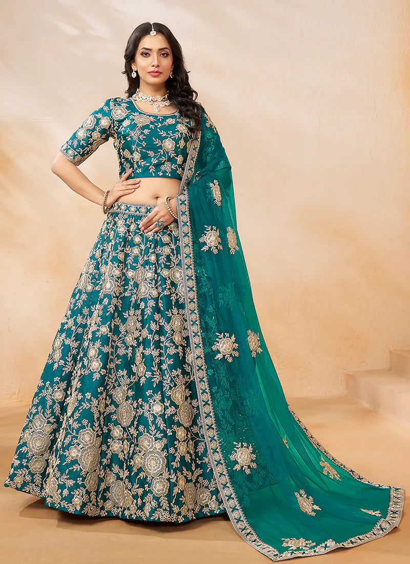 Turquoise Golden Embroidery Wedding Lehenga Choli