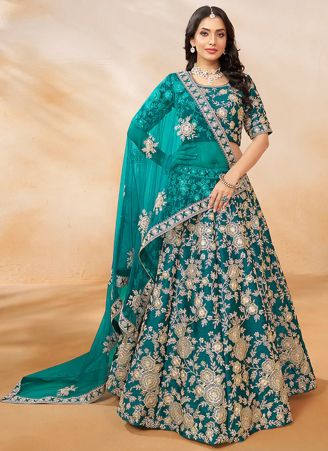 Turquoise Golden Embroidery Wedding Lehenga Choli