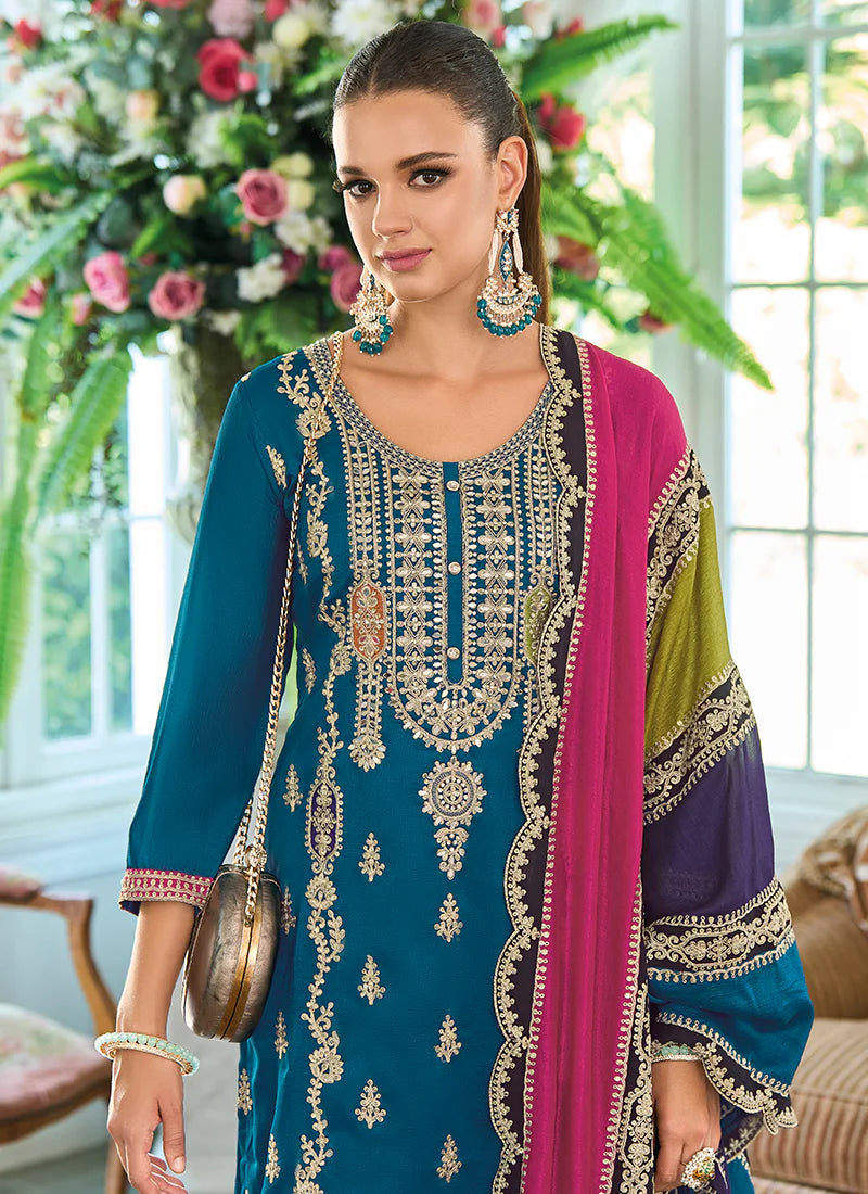 Turquoise Multicolored Traditional Embroidery Pant Style Suit