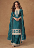 Buy Turquoise Embroidered palazzo Suit