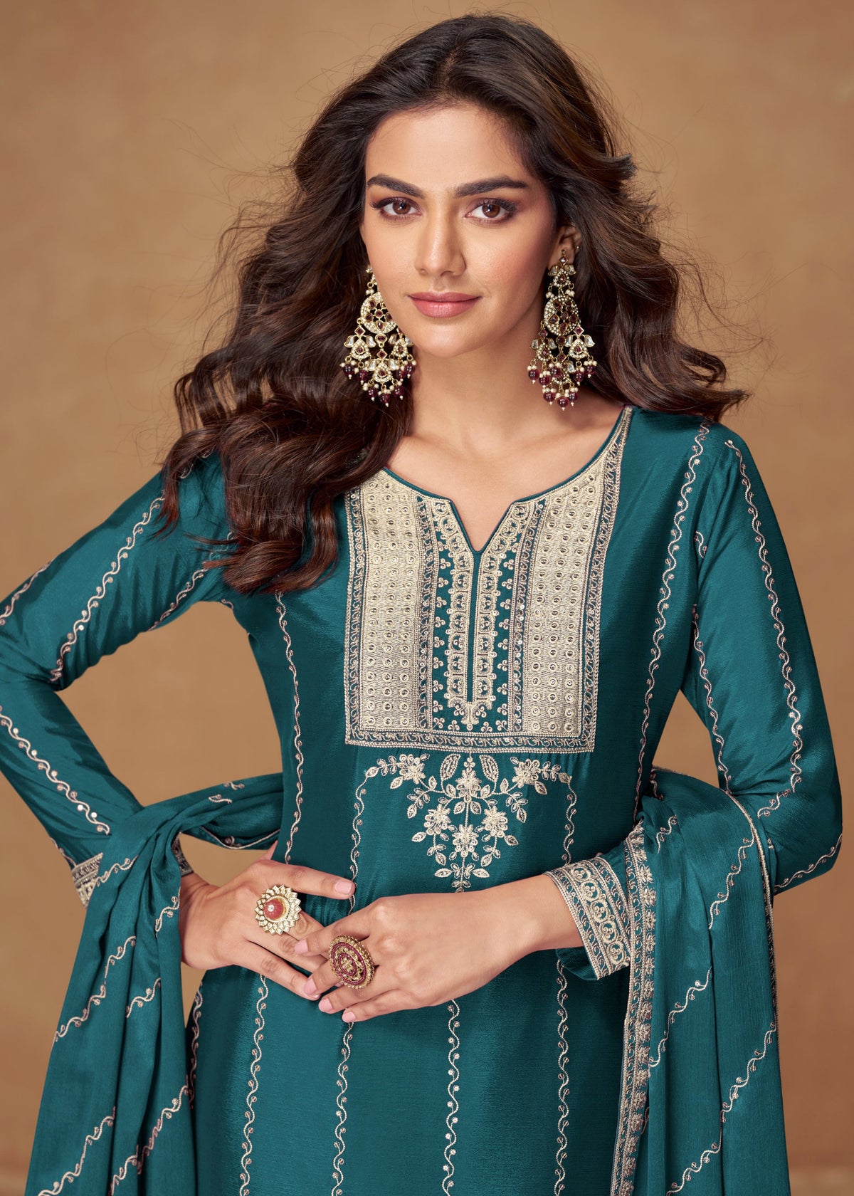 Buy Turquoise Embroidered palazzo Suit