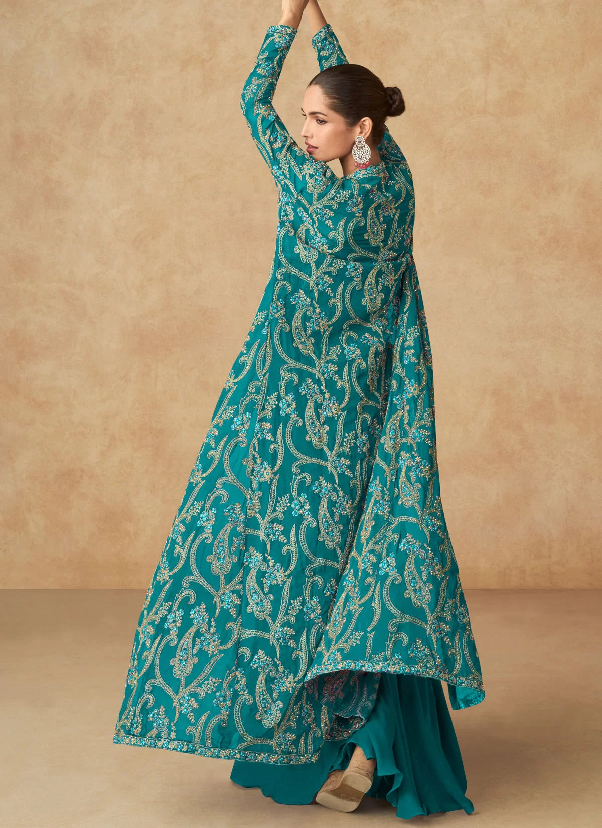 Turquoise georgette embroidery jacket style sharara suit 