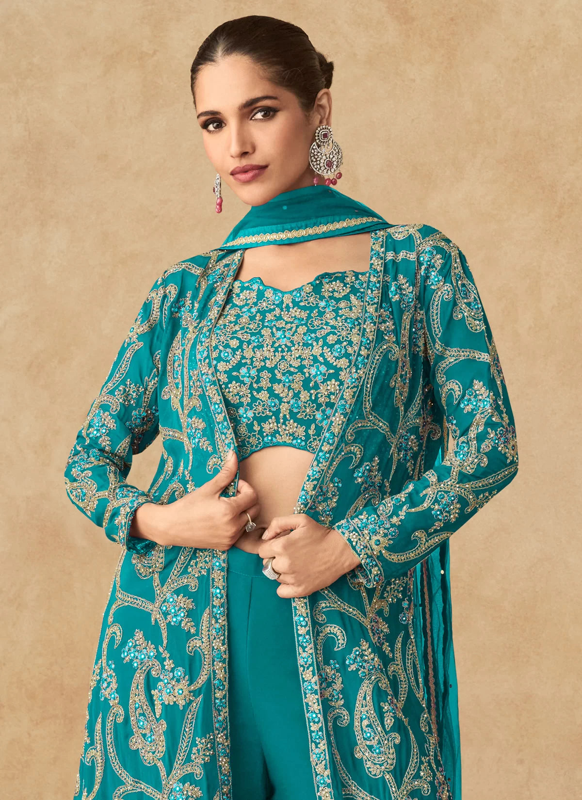 Turquoise georgette embroidery jacket style sharara suit 