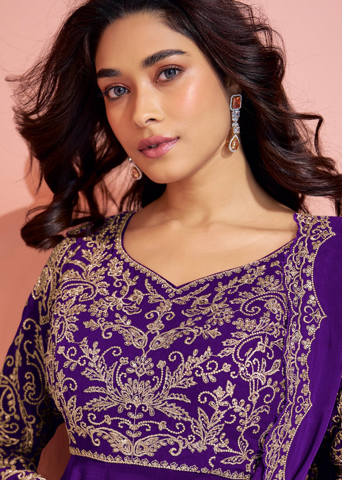 Buy Violet Embroidered Sharara Suit