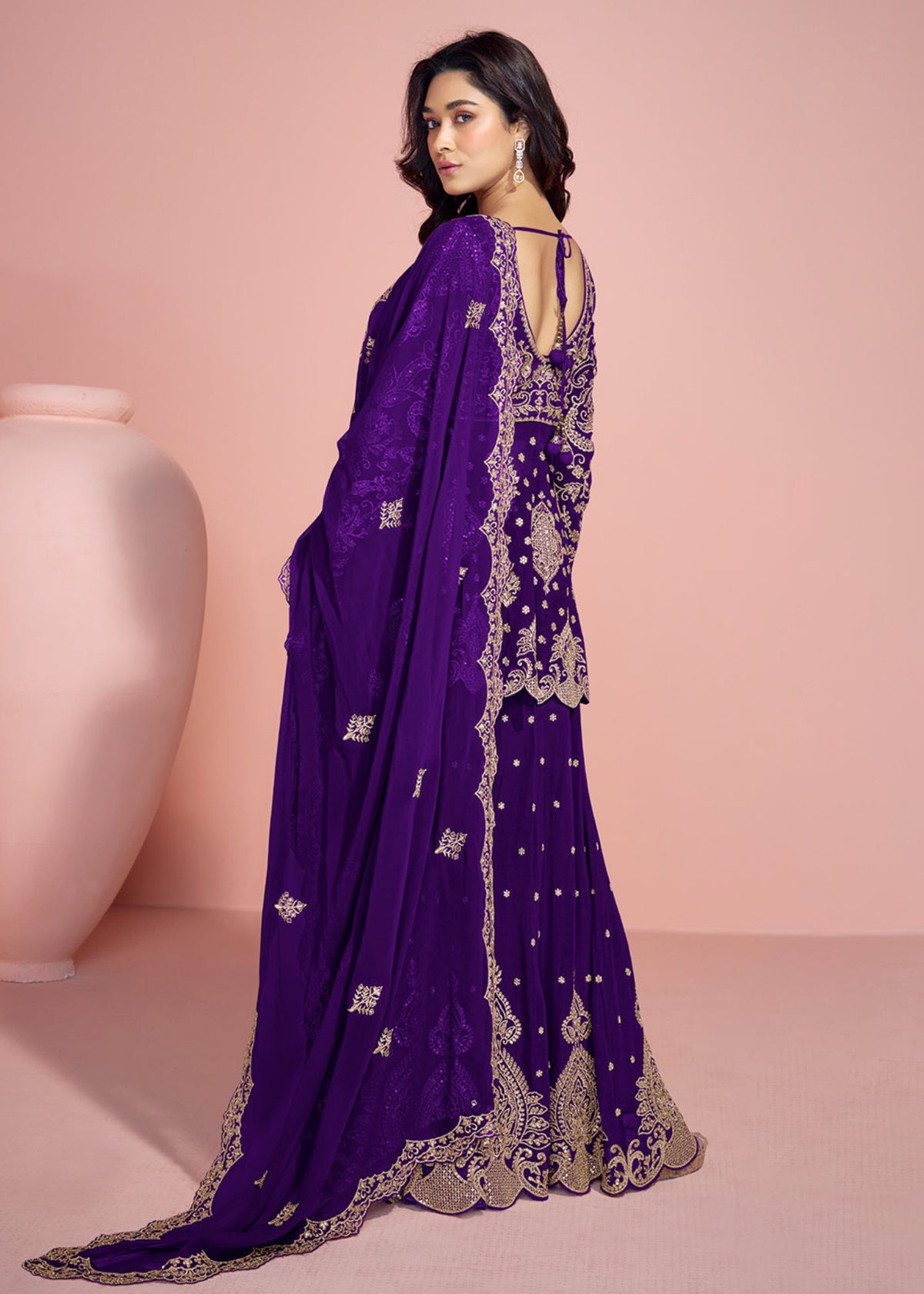 Buy Violet Embroidered Sharara Suit