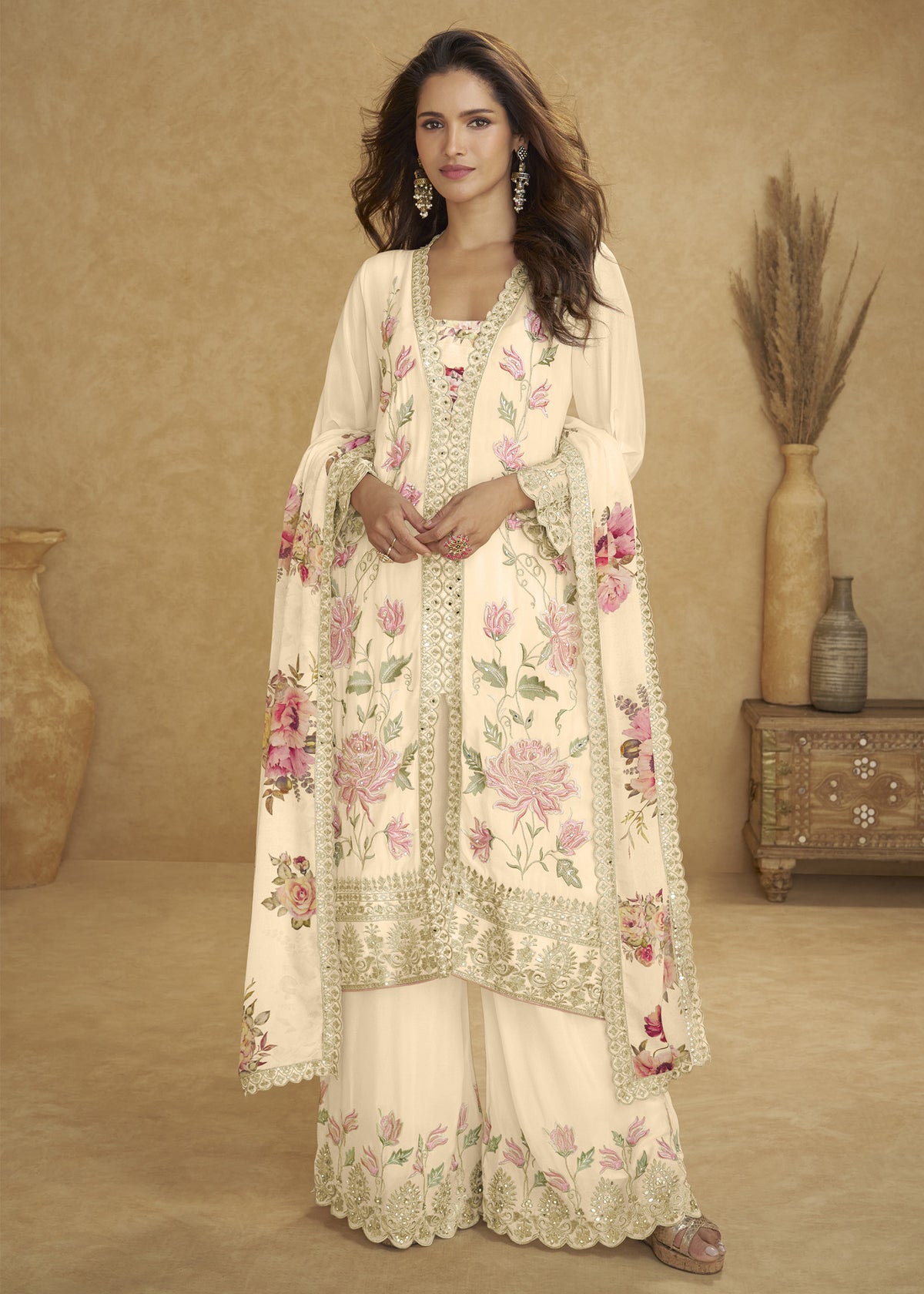 White Chinon Silk Palazzo Suit