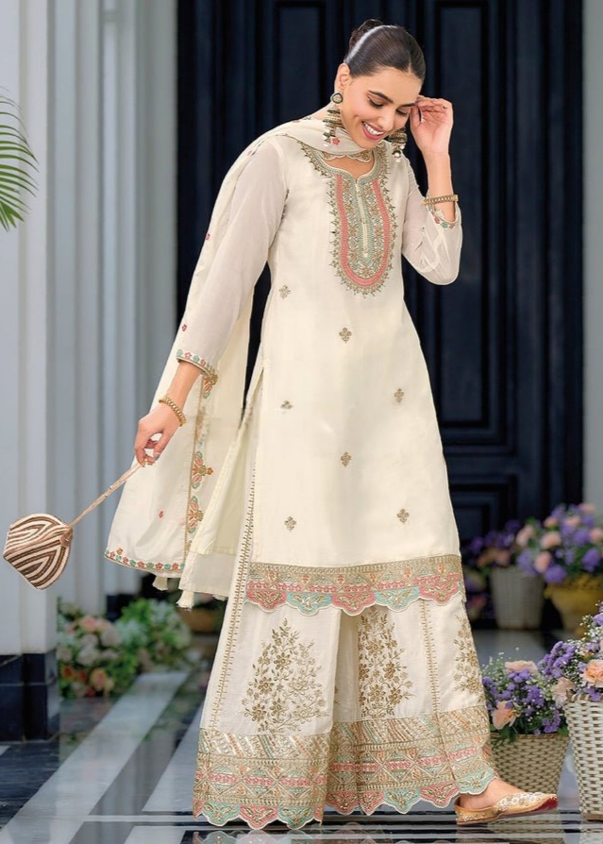 White Embroidered Pakistani Palazzo Suit