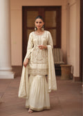 White Silk Satin Embroidered Sharara Suit