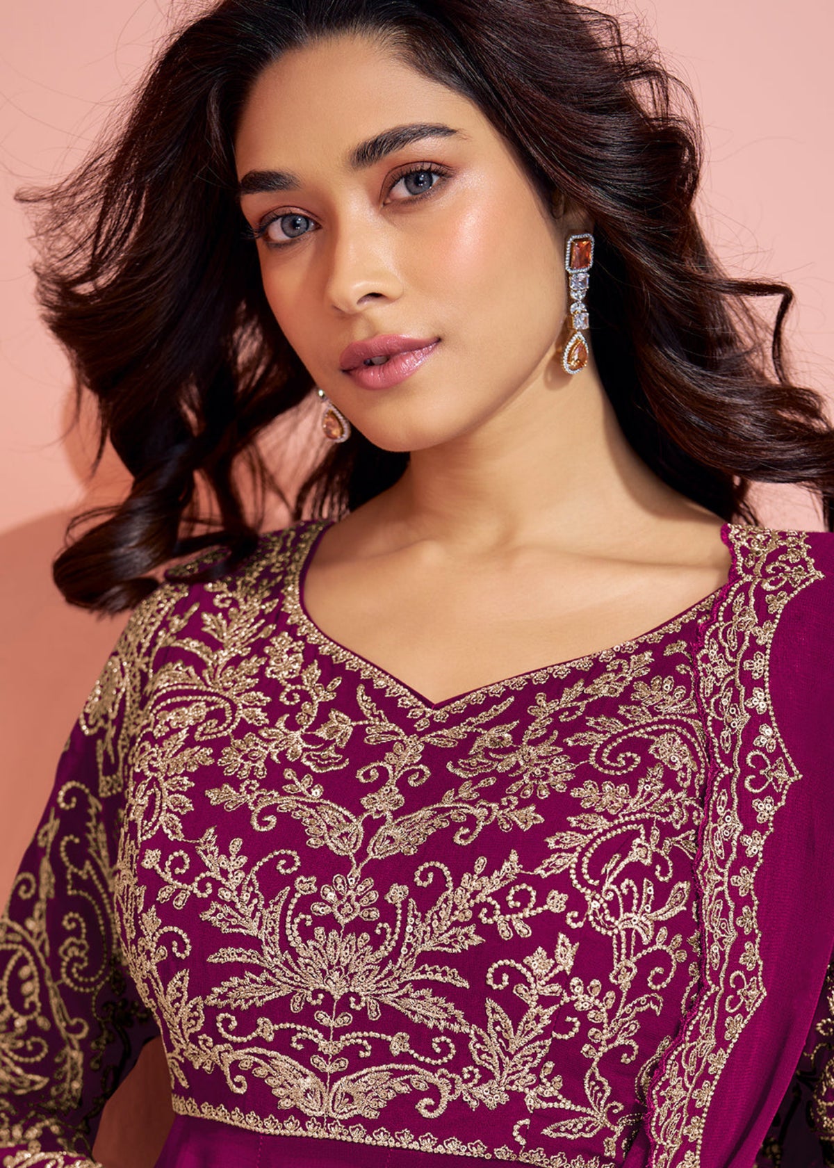 Buy Wine Embroidered Sharara Suit