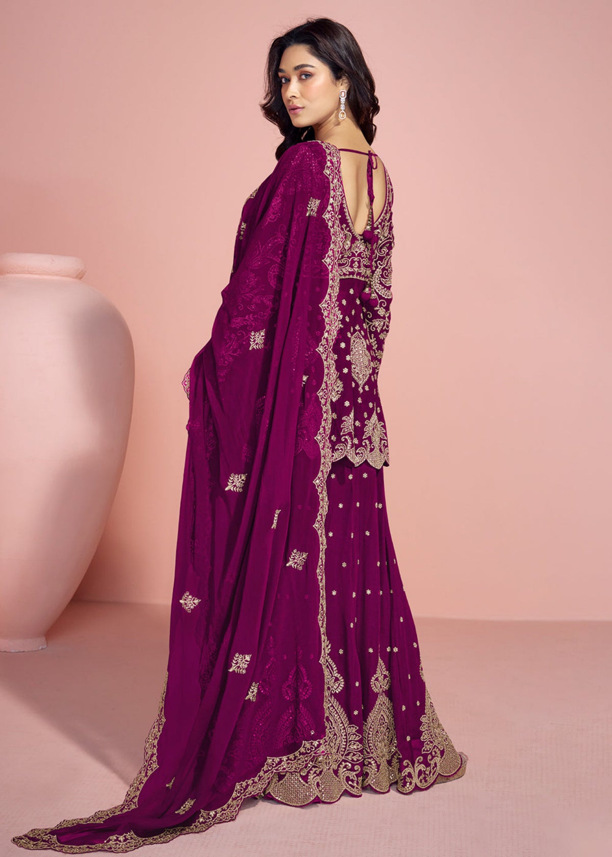 Buy Wine Embroidered Sharara Suit