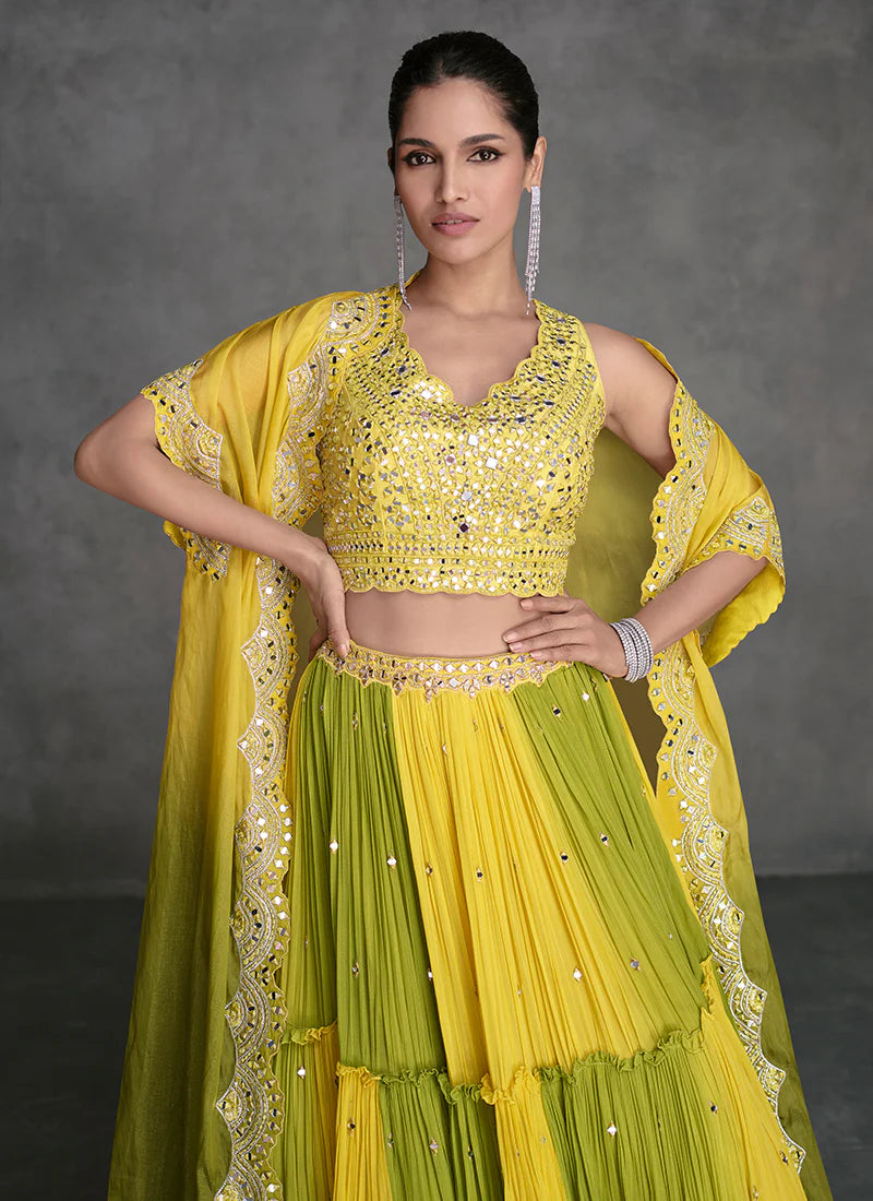 Yellow And Green Mirror Work Embroidery Cape Style Lehenga