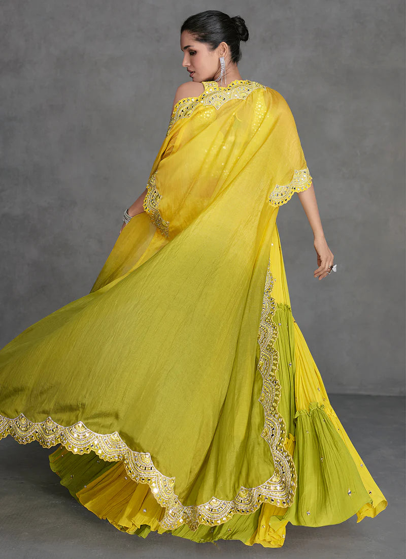 Yellow And Green Mirror Work Embroidery Cape Style Lehenga