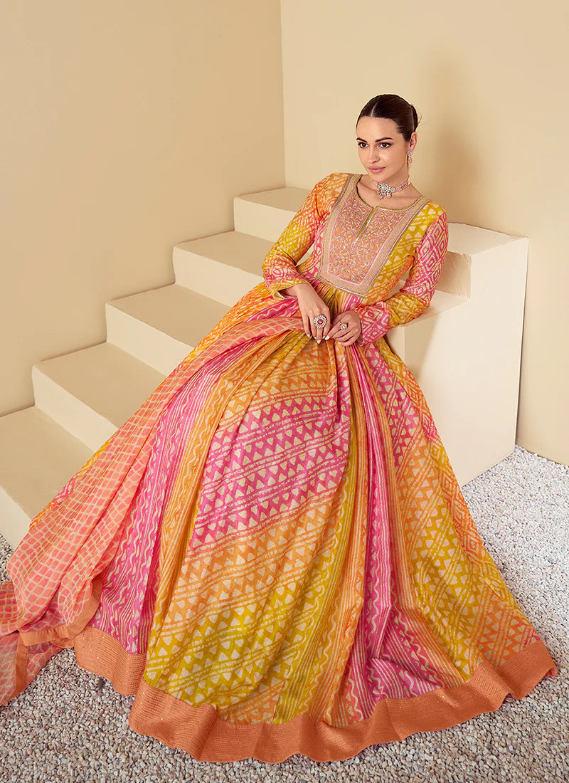 Yellow And Peach Multi Embroidery Festive Anarkali Gown