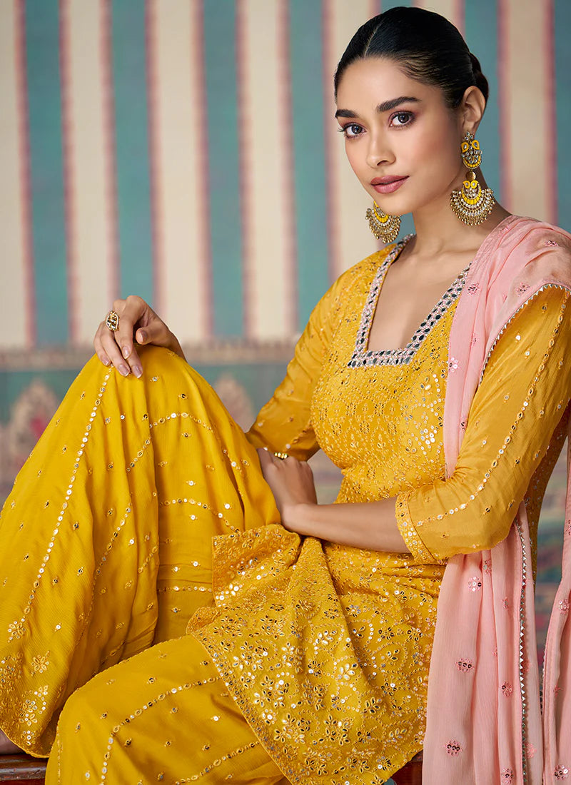 Yellow And Pink Designer Embroidery Chinnon Sharara Suit