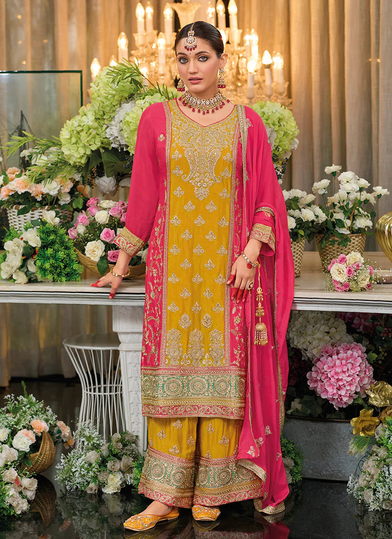 Yellow And Pink Multi Embroidery Palazzo Style Suit