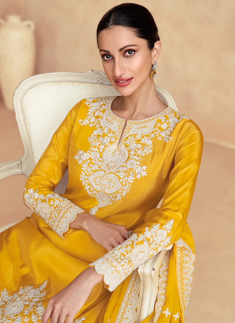 Yellow Designer Embroidery Gharara Suit