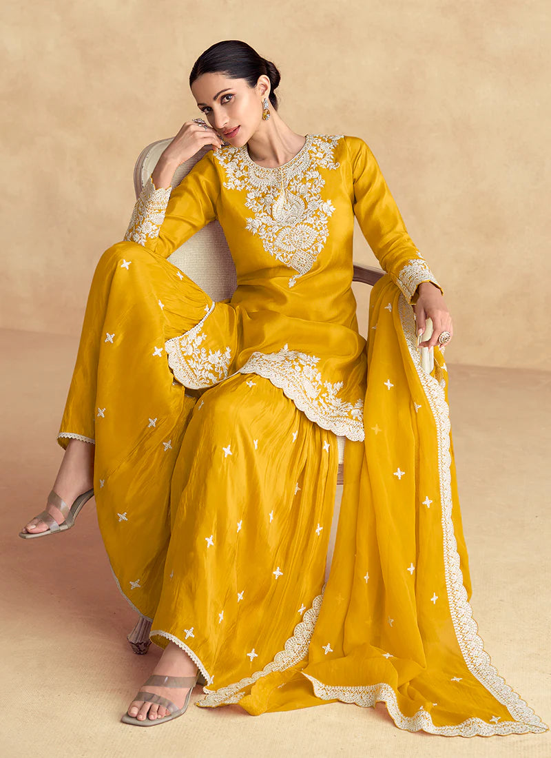 Yellow Designer Embroidery Gharara Suit