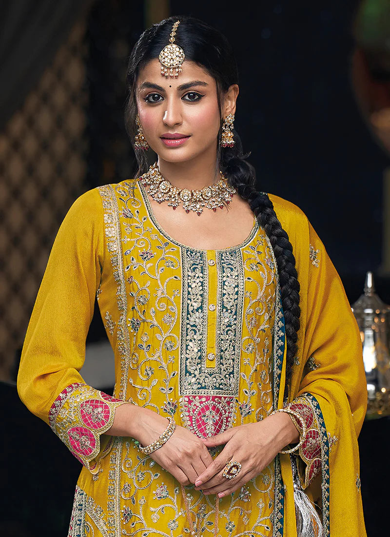 Yellow Multi Embroidery Traditional Palazzo Style Suit