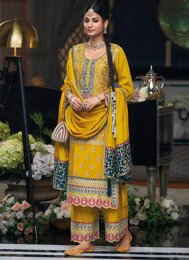 Yellow Multi Embroidery Traditional Palazzo Style Suit