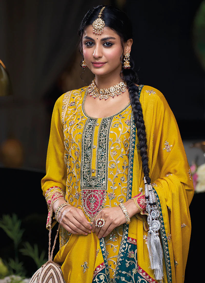 Yellow Multi Embroidery Traditional Palazzo Style Suit