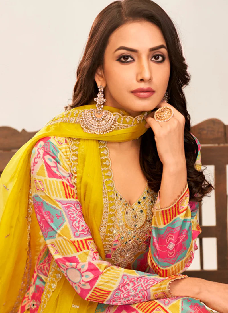 Yellow Multicoloured Embroidery Palazzo Style Suit