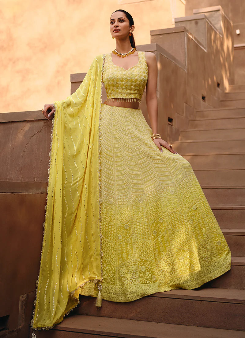 Yellow Ombré Traditional Embroidery Festive Lehenga Choli